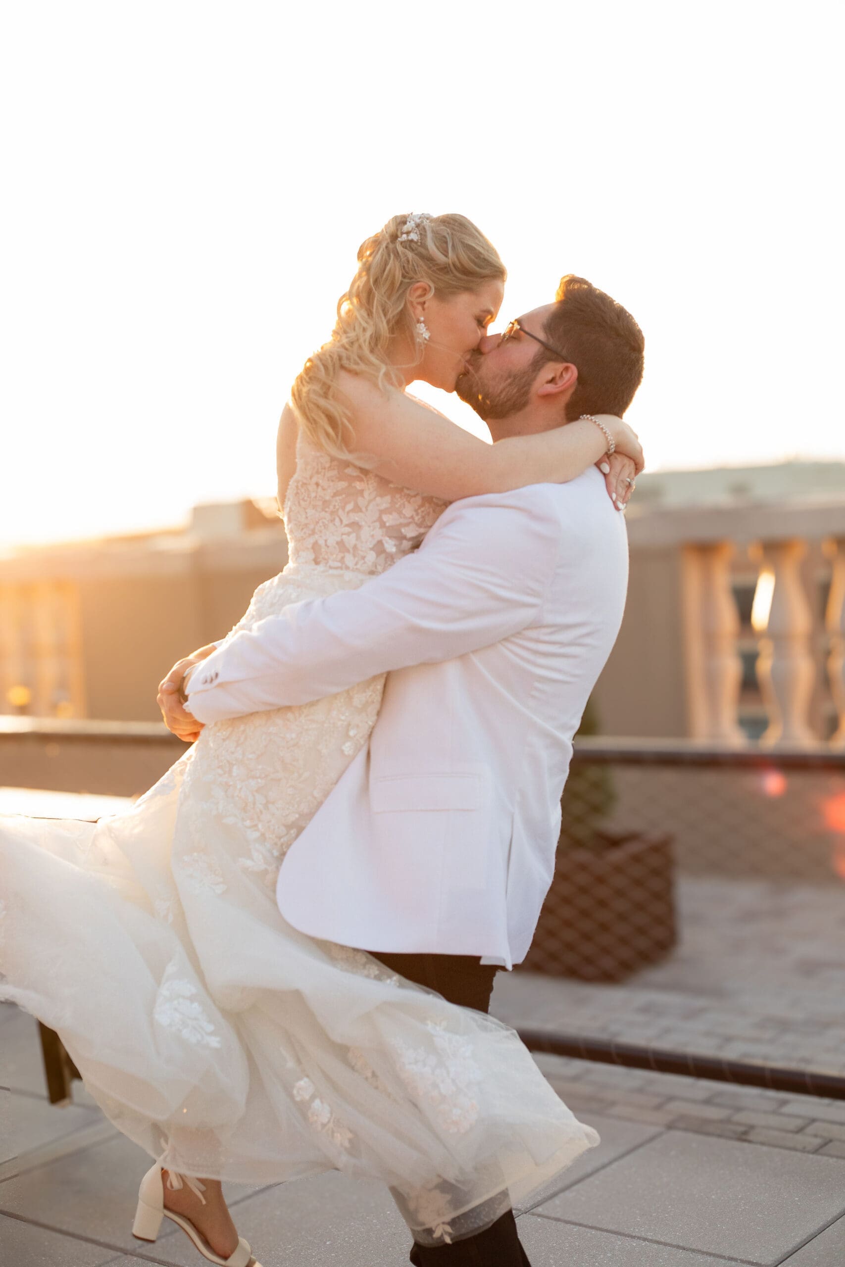 Bride and groom wedding portrait on the Yorktowne Rooftop, Downtown York, PA 